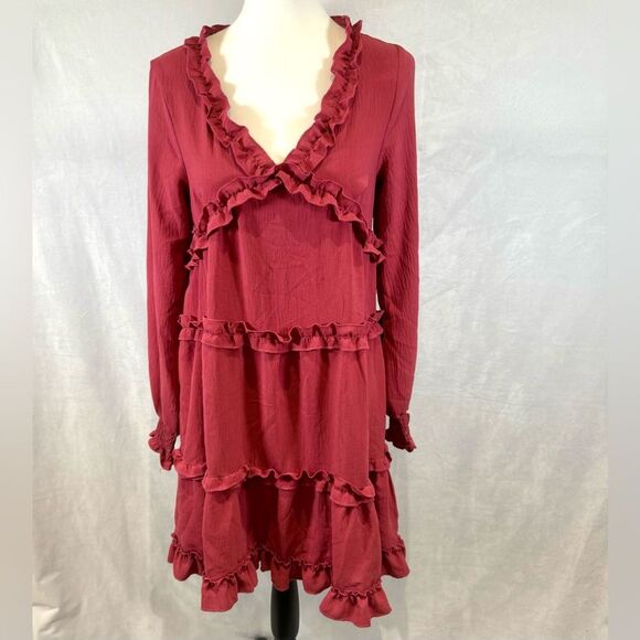 ODDY rose wine long sleeve ruffle tiered dress size small - Picture 3 of 8